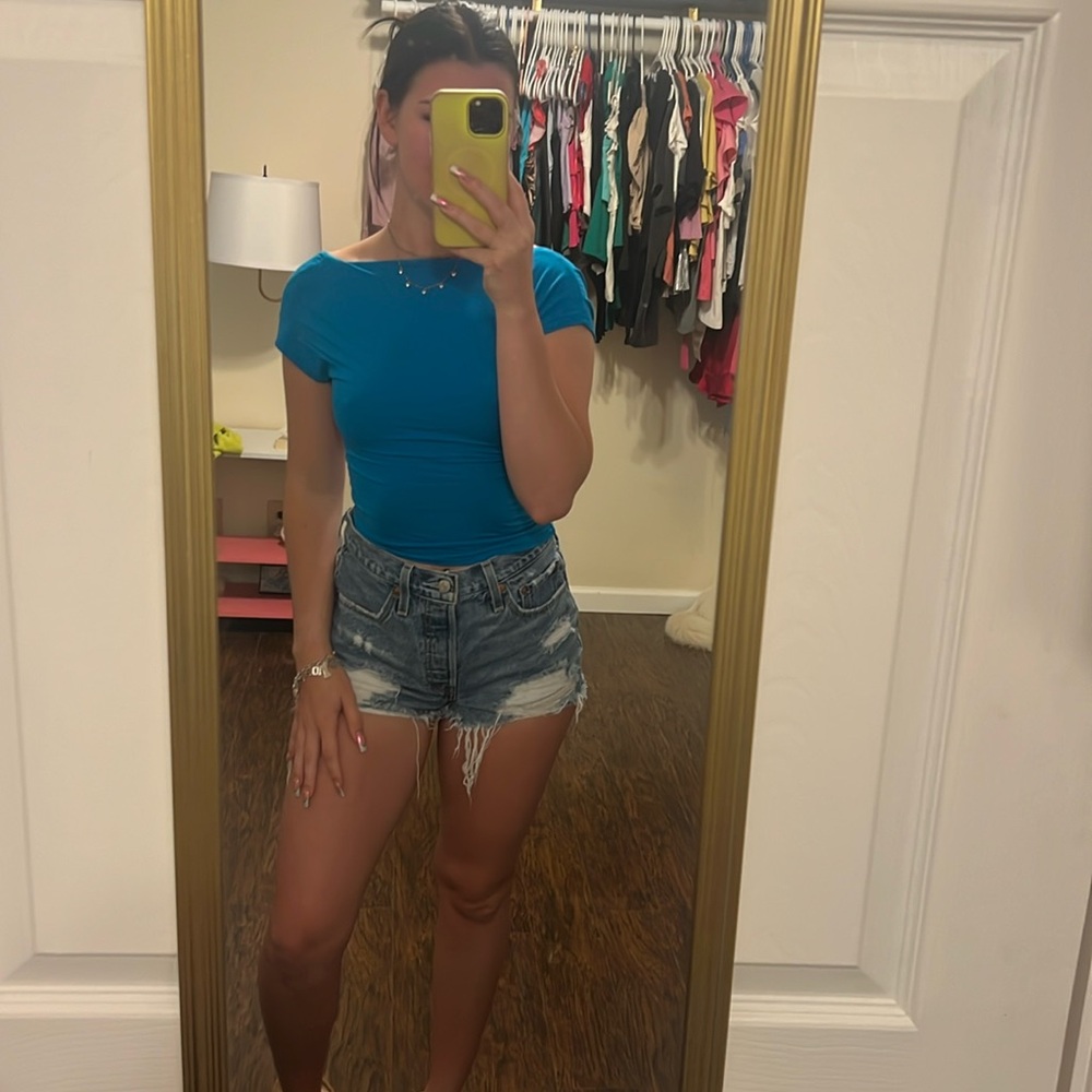 Bright blue open back top